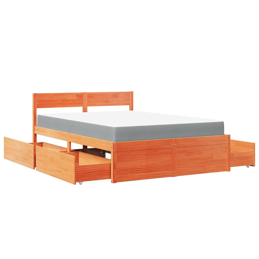 Bed Met Lades En Matras Massief Grenenhout 120 x 190 cm Wasbruin