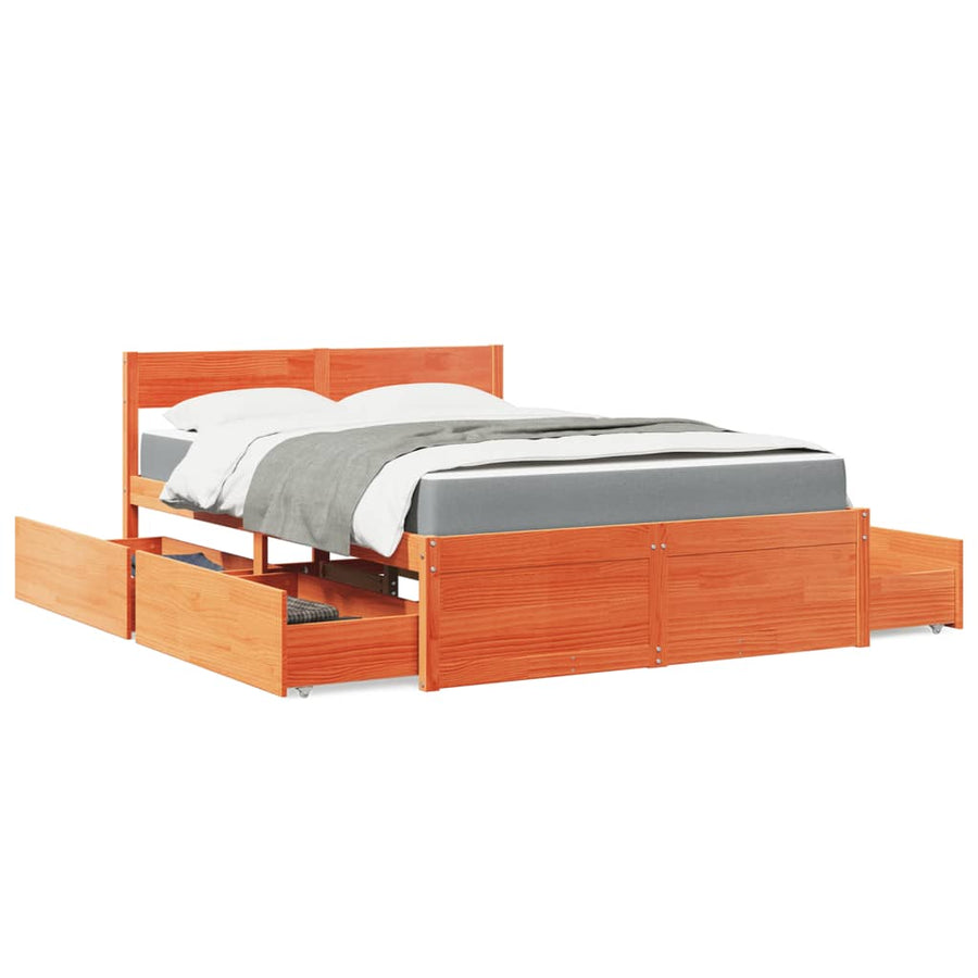 Bed Met Lades En Matras Massief Grenenhout 120 x 190 cm Wasbruin