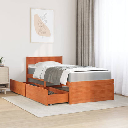 Bed met lades en matras massief grenenhout wasbruin 90x190 cm