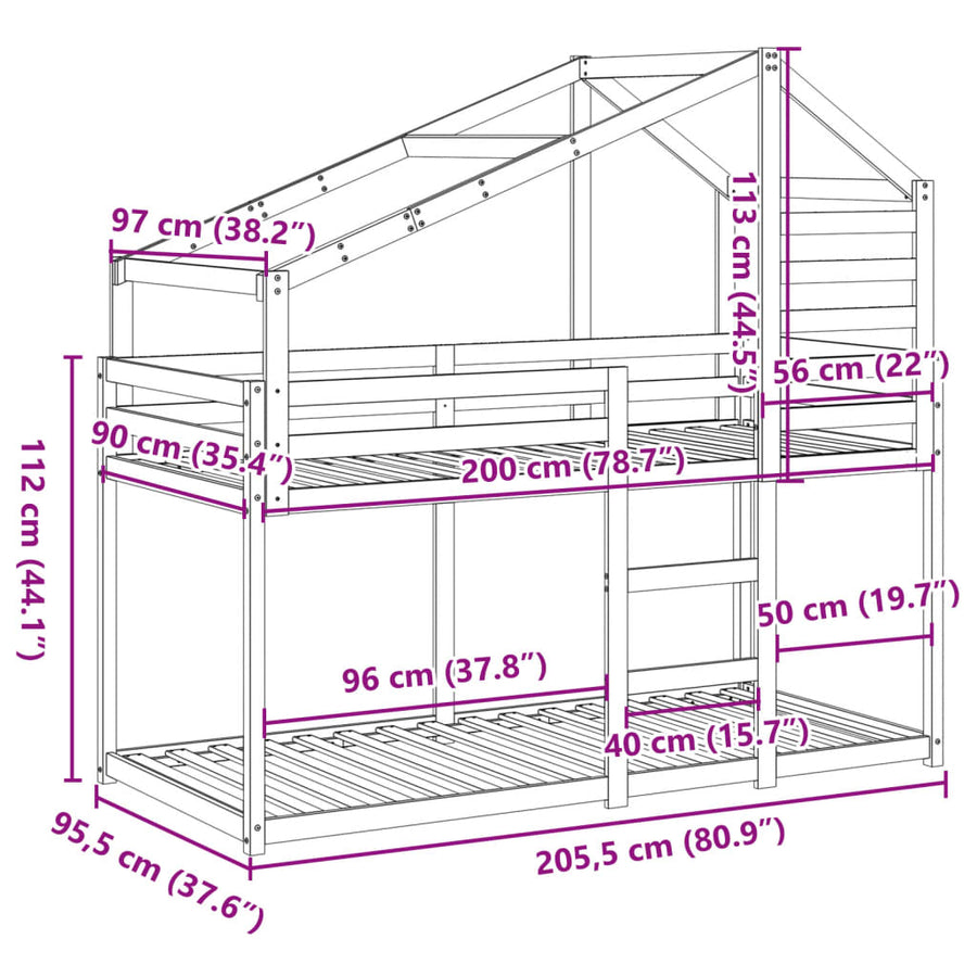 Kinderbedhuis massief grenenhout 90x200 cm