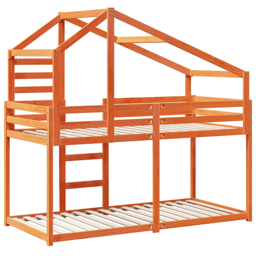 Stapelbed met bedhuis massief grenenhout wasbruin 90x200 cm