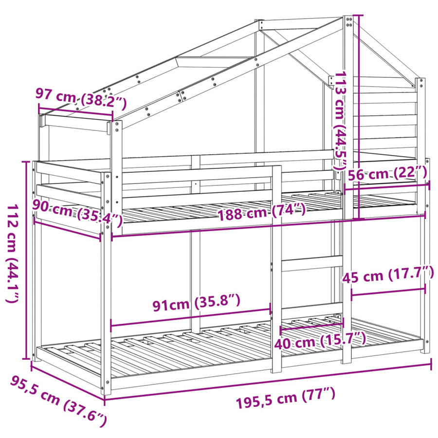 Stapelbedframe zonder matras massief grenenhout 90x190 cm