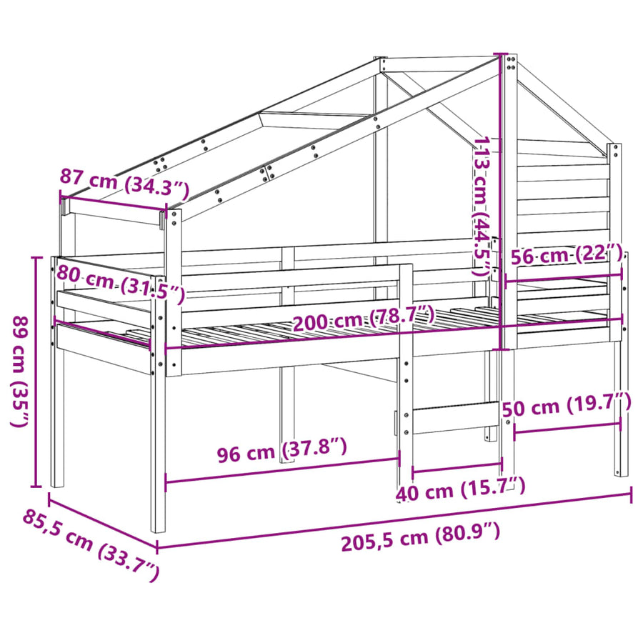 Hoogslaper met bedhuis massief grenenhout wasbruin 80x200 cm
