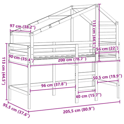Hoogslaper met dak massief grenenhout wasbruin 90x200 cm