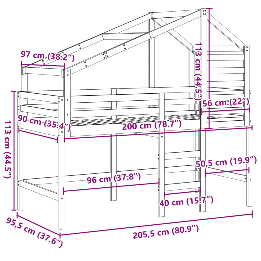 Hoogslaper met dak massief grenenhout wasbruin 90x200 cm
