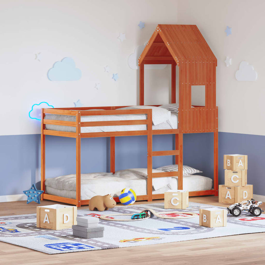Stapelbed met bedhuis massief grenenhout wasbruin 90x200 cm