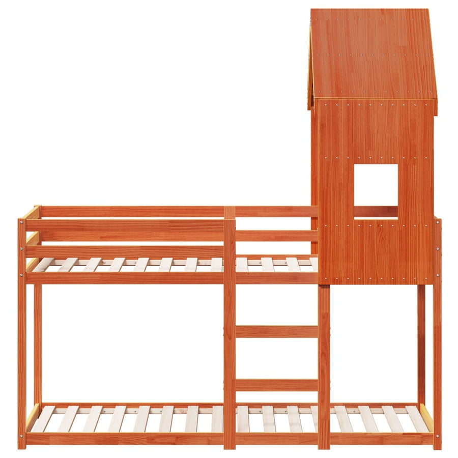 Stapelbed met bedhuis massief grenenhout wasbruin 90x200 cm