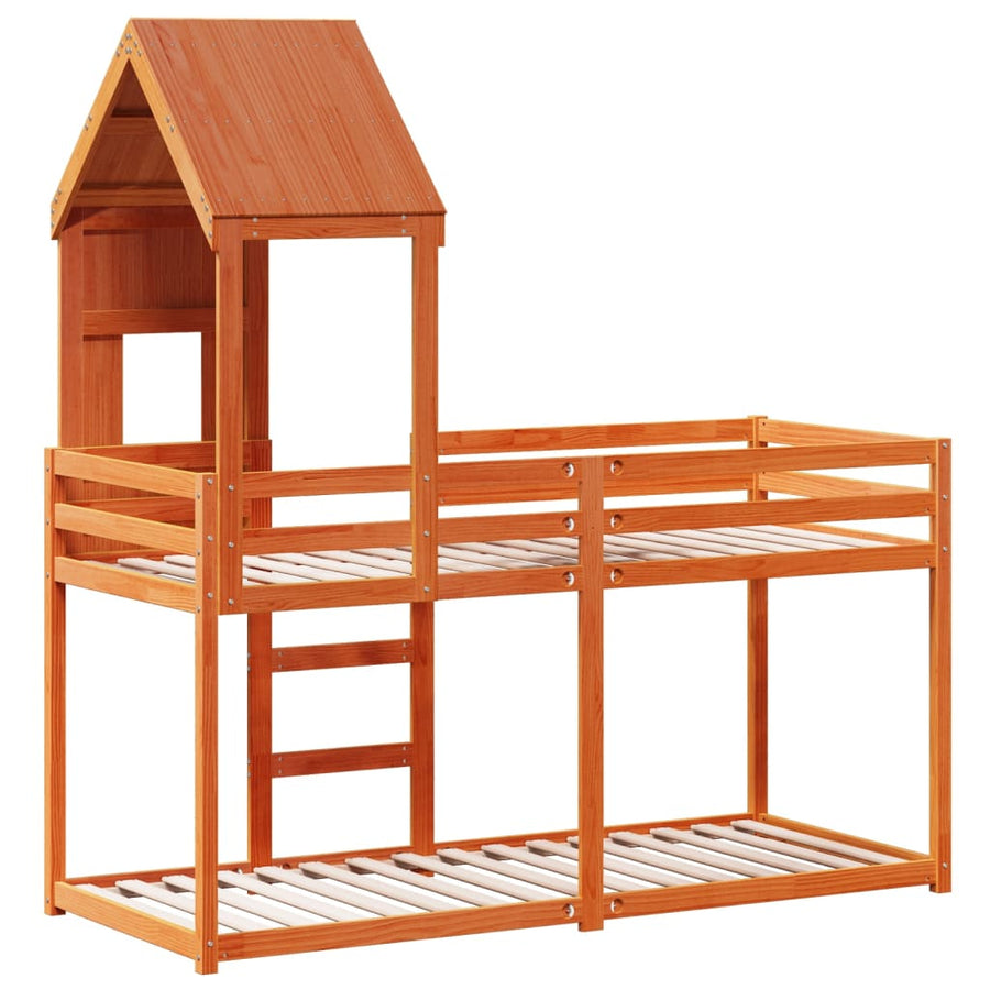 Stapelbed met bedhuis massief grenenhout wasbruin 90x200 cm