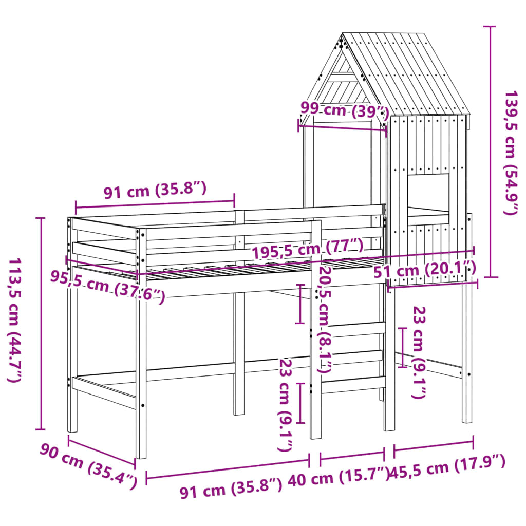 Halfhoogslaper met ladder en bedhuis grenenhout 90x190 cm