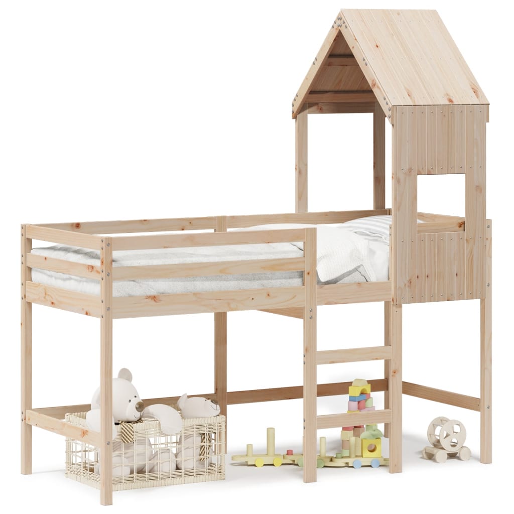 Halfhoogslaper met ladder en bedhuis grenenhout 90x190 cm