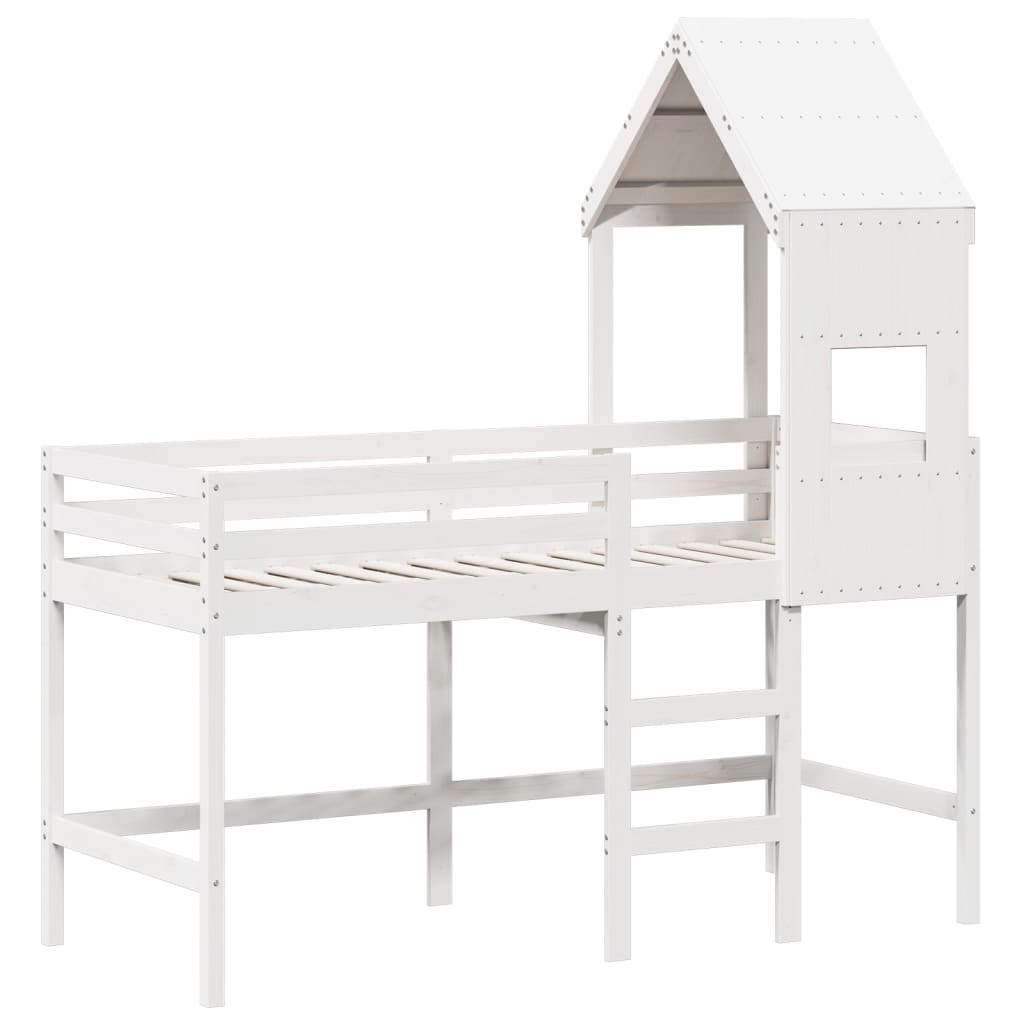 Halfhoogslaper met ladder en bedhuis grenenhout wit 90x190 cm