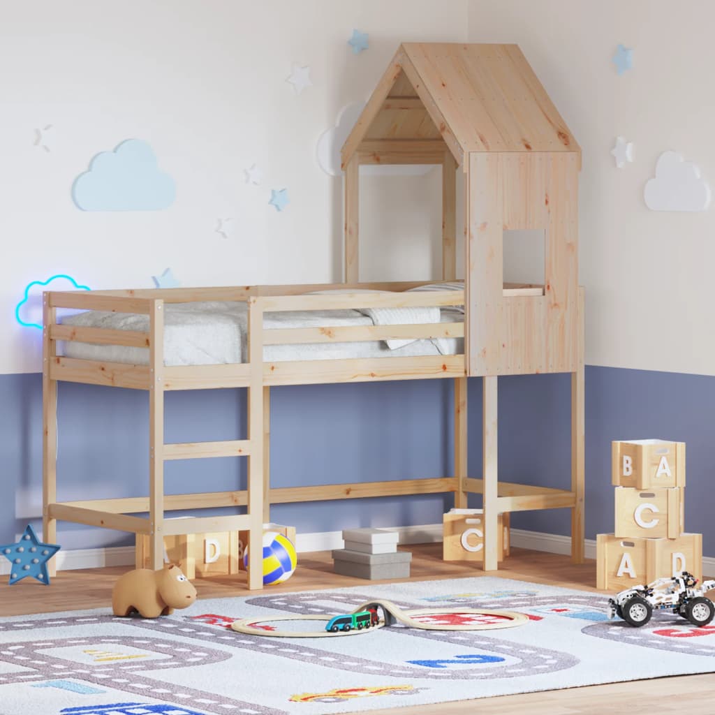 Halfhoogslaper met ladder en bedhuis grenenhout 80x200 cm