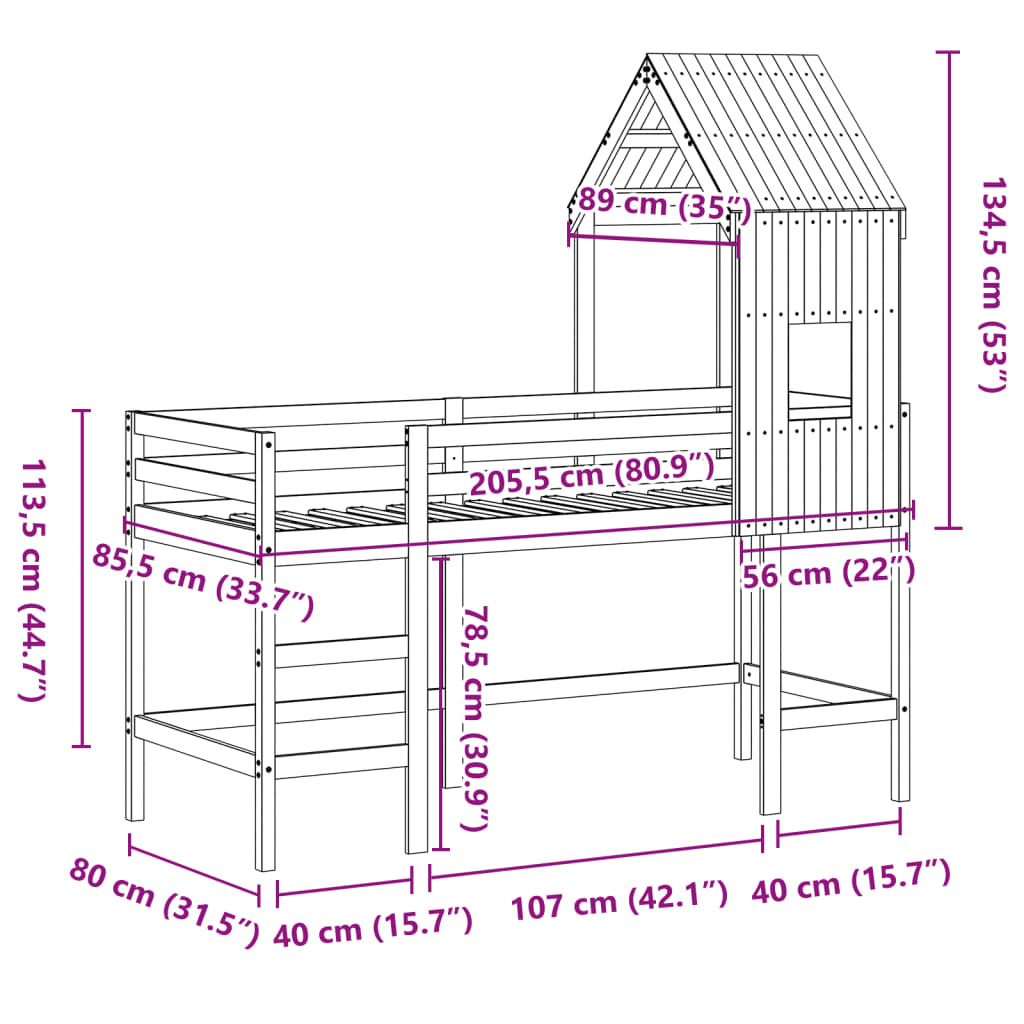 Halfhoogslaper met ladder en bedhuis grenenhout 80x200 cm