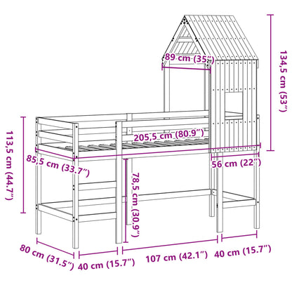Halfhoogslaper met ladder en bedhuis grenenhout 80x200 cm