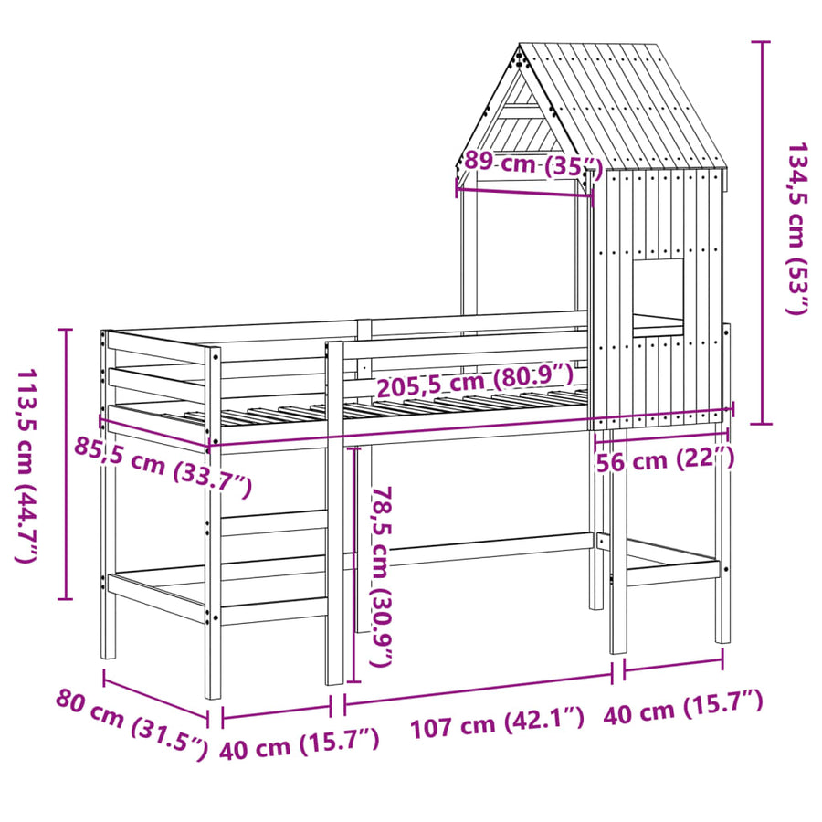 Halfhoogslaper met ladder en bedhuis grenenhout 80x200 cm
