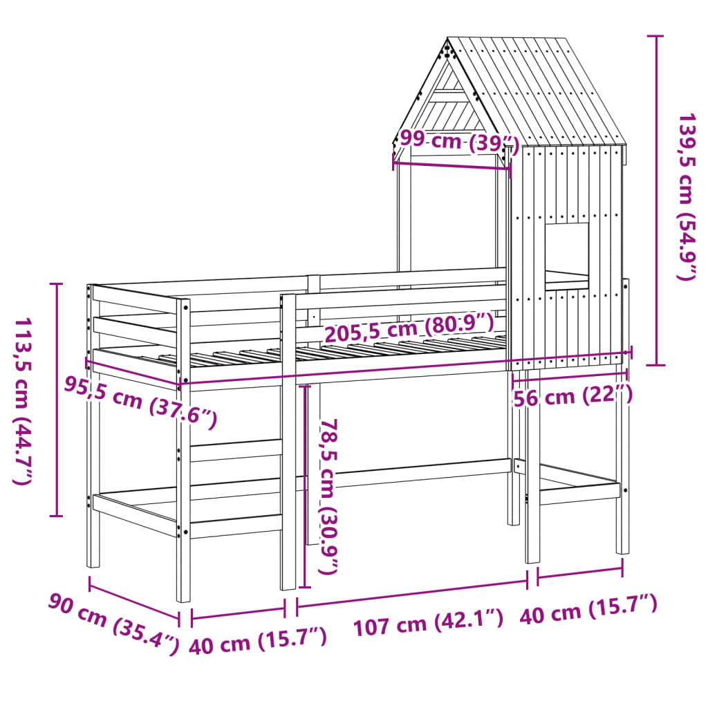 Halfhoogslaper met ladder en bedhuis grenenhout 90x200 cm