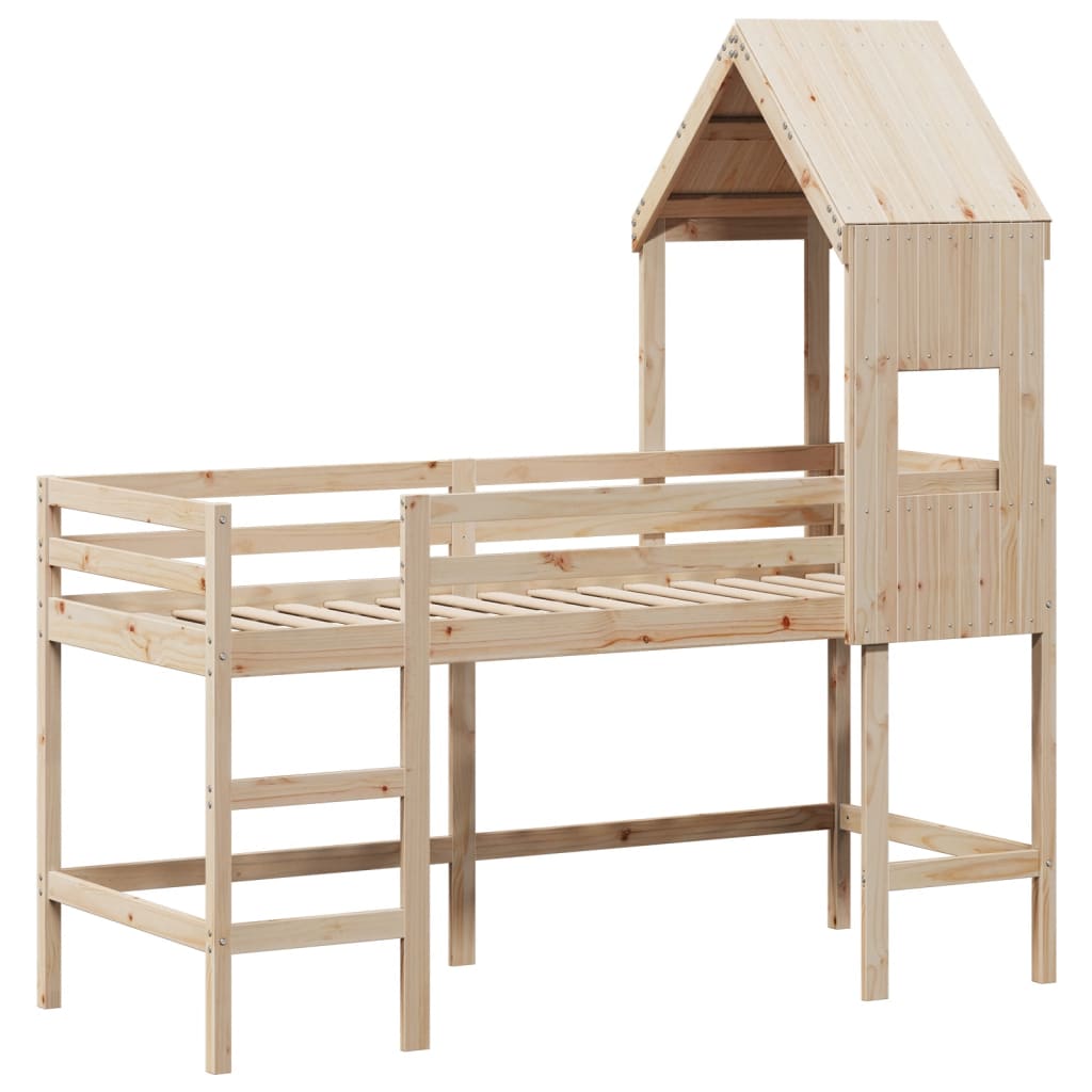 Halfhoogslaper met ladder en bedhuis grenenhout 90x190 cm