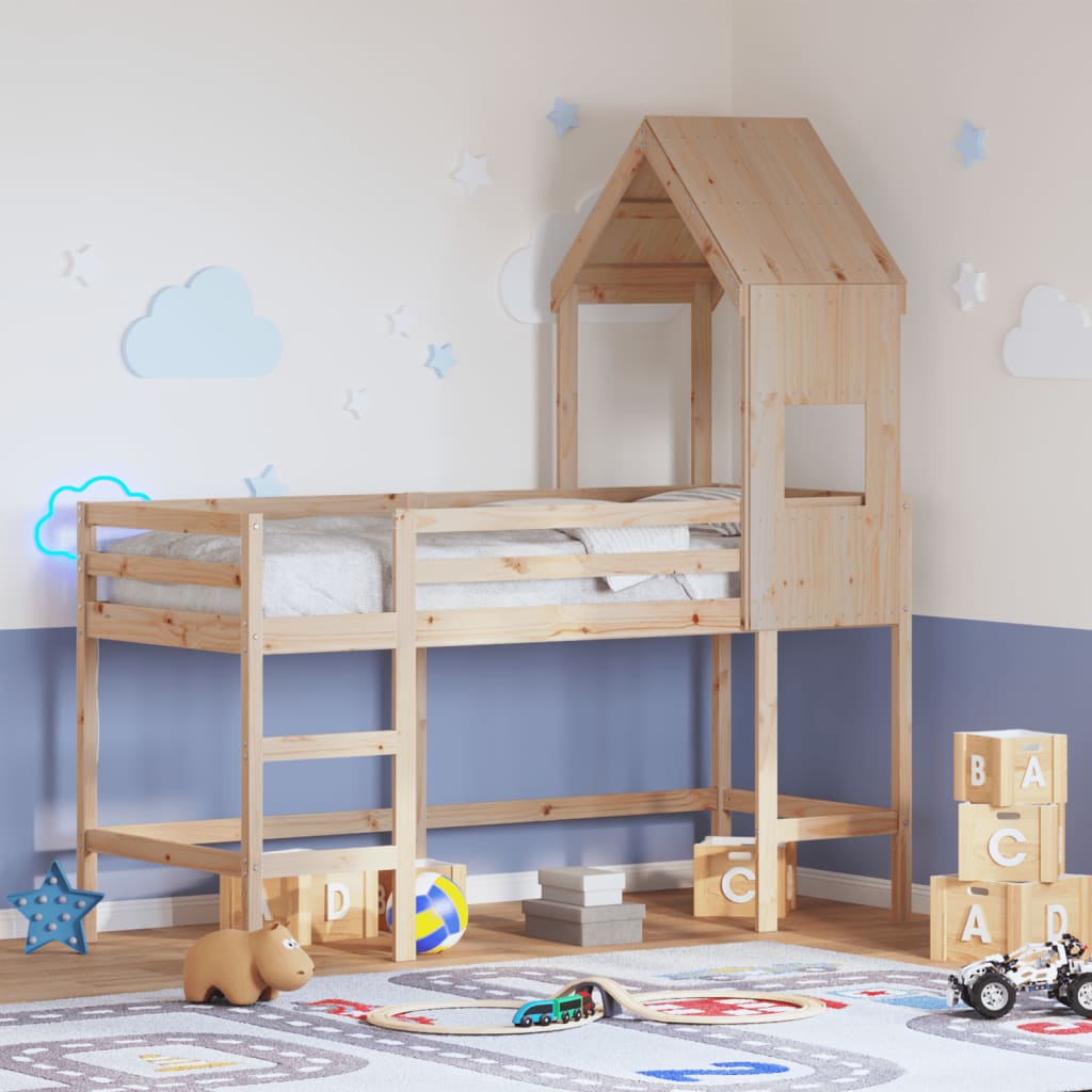 Halfhoogslaper met ladder en bedhuis grenenhout 90x190 cm