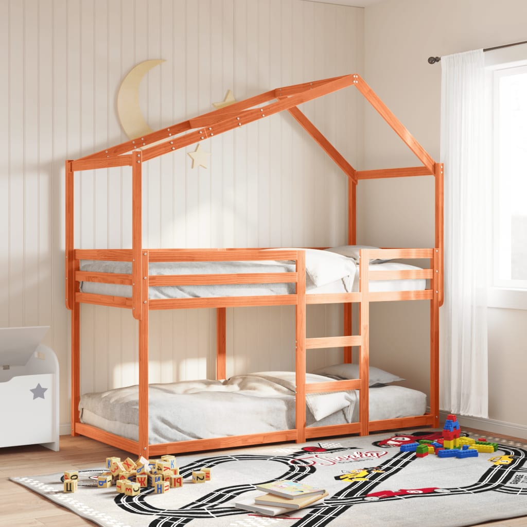 Stapelbed met bedhuis massief grenenhout wasbruin 90x200 cm
