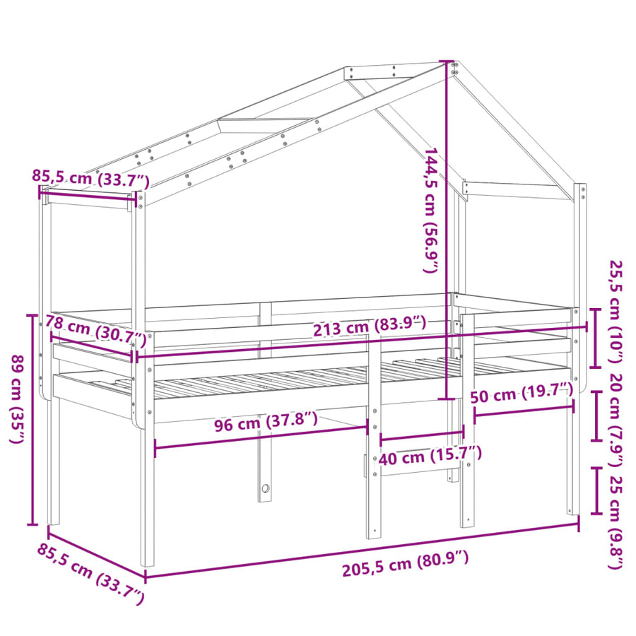 Hoogslaper met bedhuis massief grenenhout 80x200 cm
