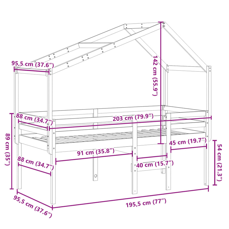 Hoogslaper met dak massief grenenhout wit 90x190 cm