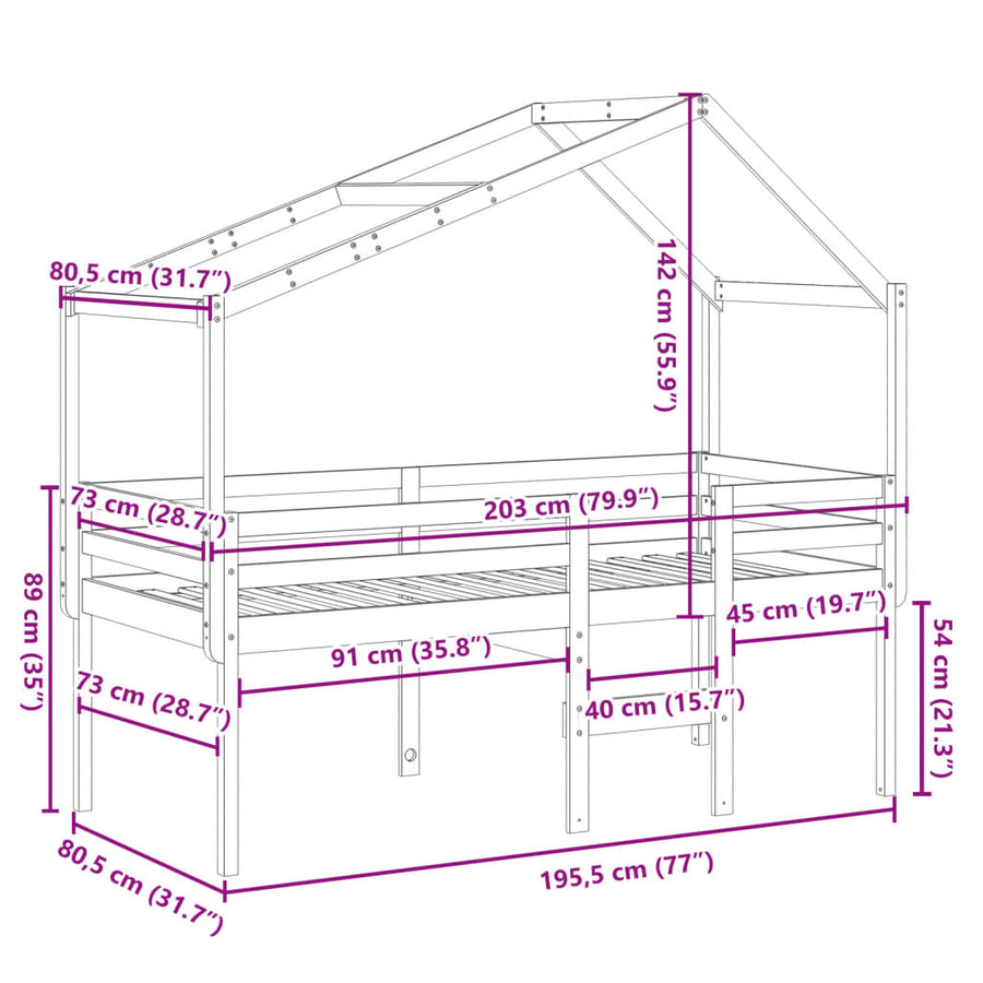 Hoogslaper met dak massief grenenhout wasbruin 75x190 cm