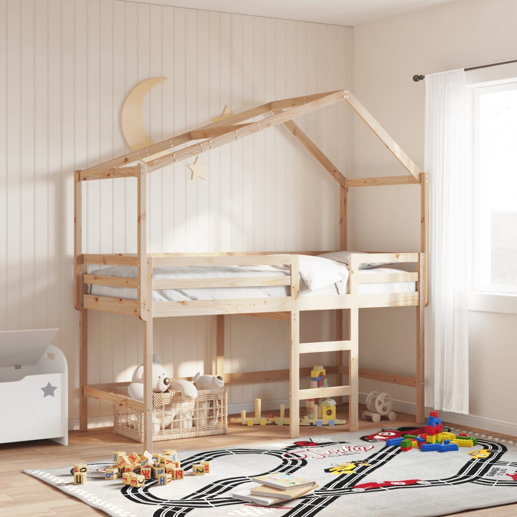 Halfhoogslaper met ladder en bedhuis grenenhout 90x190 cm
