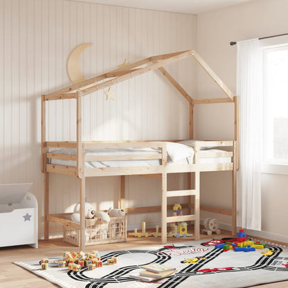 Halfhoogslaper met ladder en bedhuis grenenhout 90x190 cm