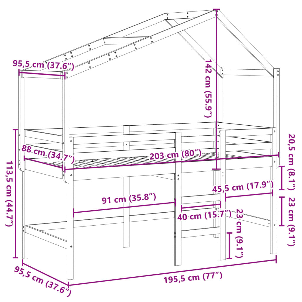 Halfhoogslaper met ladder en bedhuis grenenhout 90x190 cm