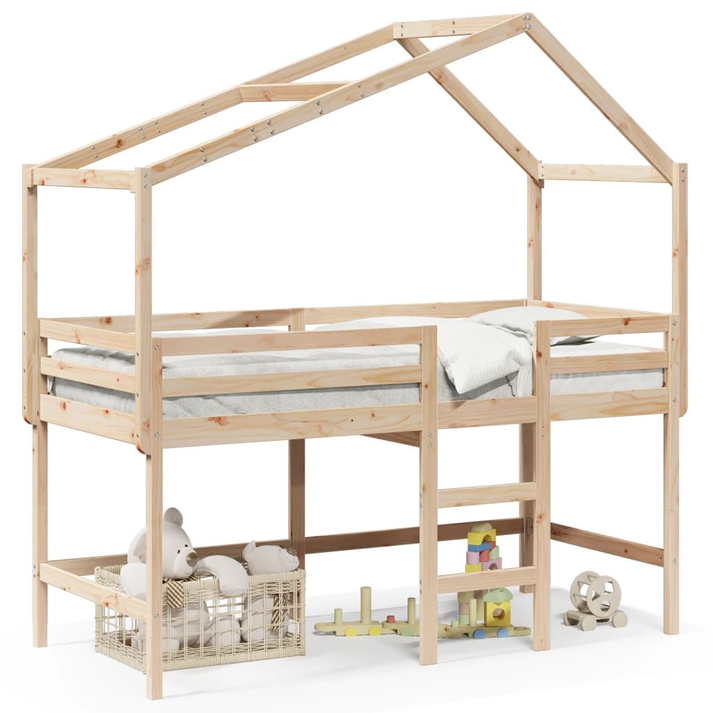 Halfhoogslaper met ladder en bedhuis grenenhout 90x190 cm