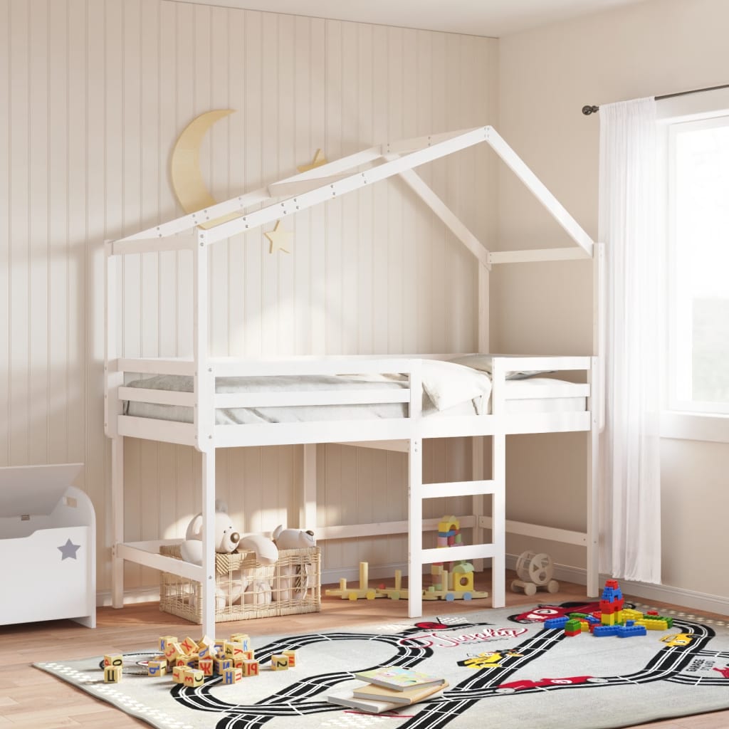 Halfhoogslaper met ladder en bedhuis grenenhout wit 90x190 cm