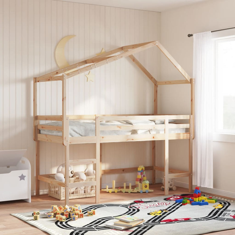 Halfhoogslaper met ladder en bedhuis grenenhout 80x200 cm