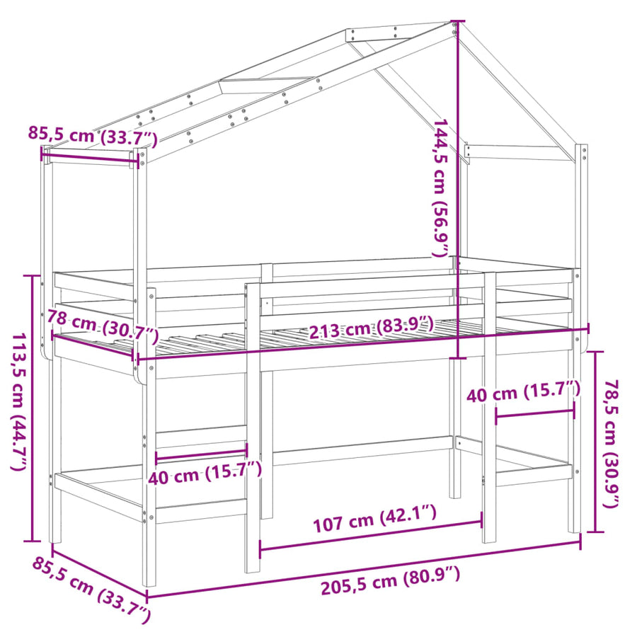 Halfhoogslaper met ladder en bedhuis grenenhout 80x200 cm