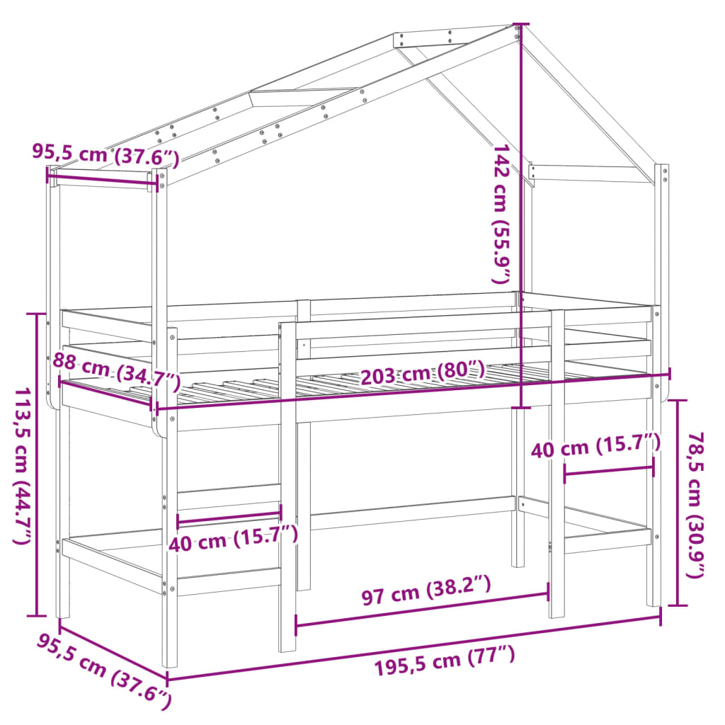Halfhoogslaper met ladder en bedhuis grenenhout 90x190 cm
