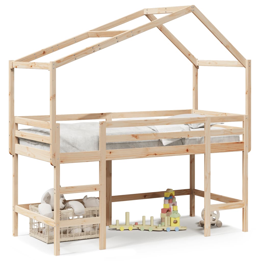 Halfhoogslaper met ladder en bedhuis grenenhout 90x190 cm