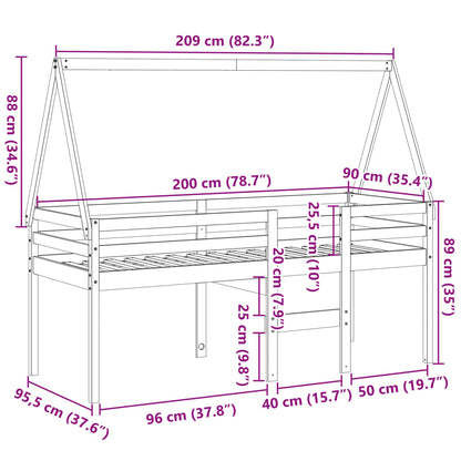 Hoogslaper met dak massief grenenhout wasbruin 90x200 cm