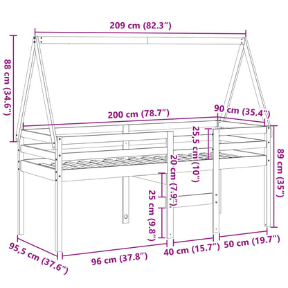 Hoogslaper met bedhuis massief grenenhout 80x200 cm