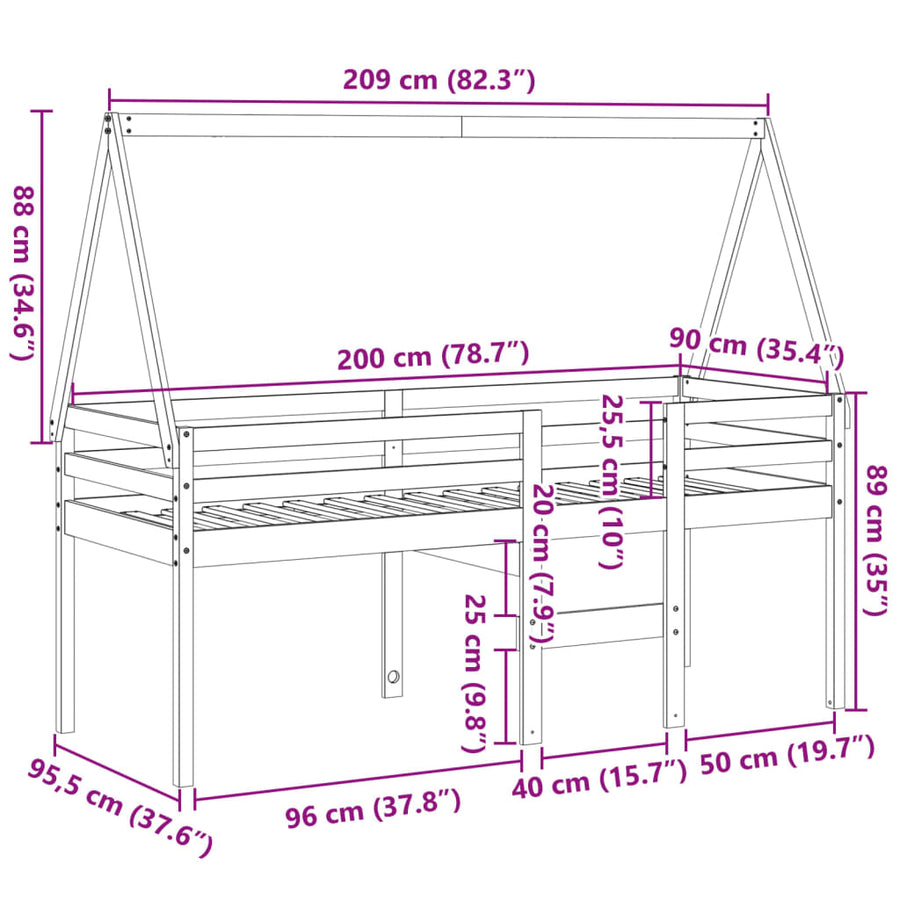 Hoogslaper met bedhuis massief grenenhout 80x200 cm