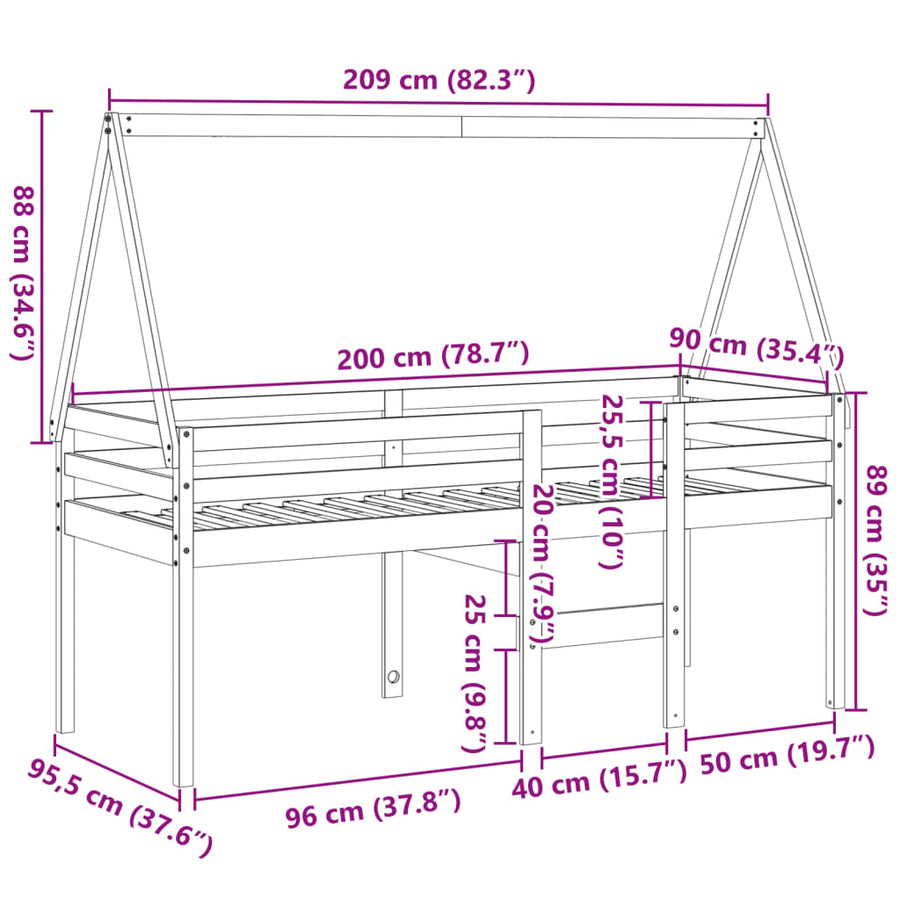 Hoogslaper met bedhuis massief grenenhout wasbruin 80x200 cm