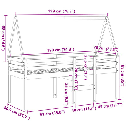 Hoogslaper met dak massief grenenhout wasbruin 75x190 cm
