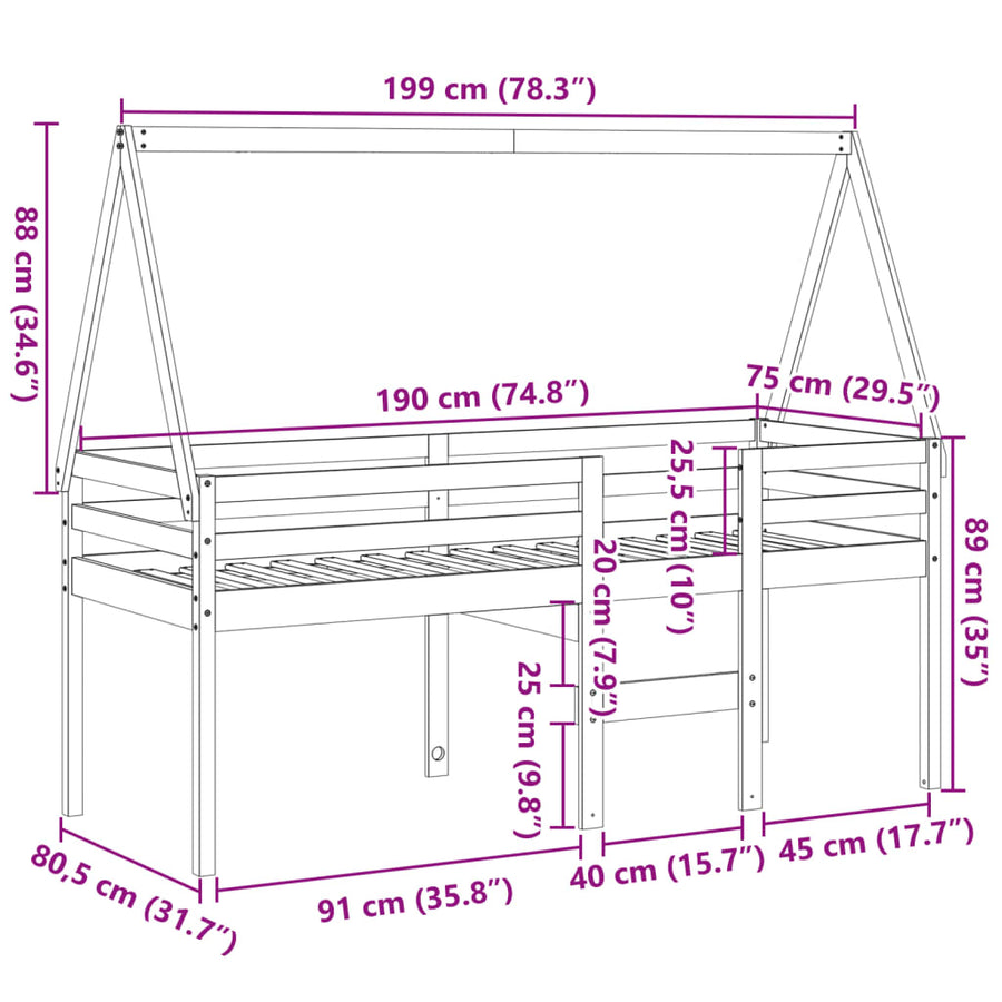Hoogslaper met dak massief grenenhout wasbruin 75x190 cm