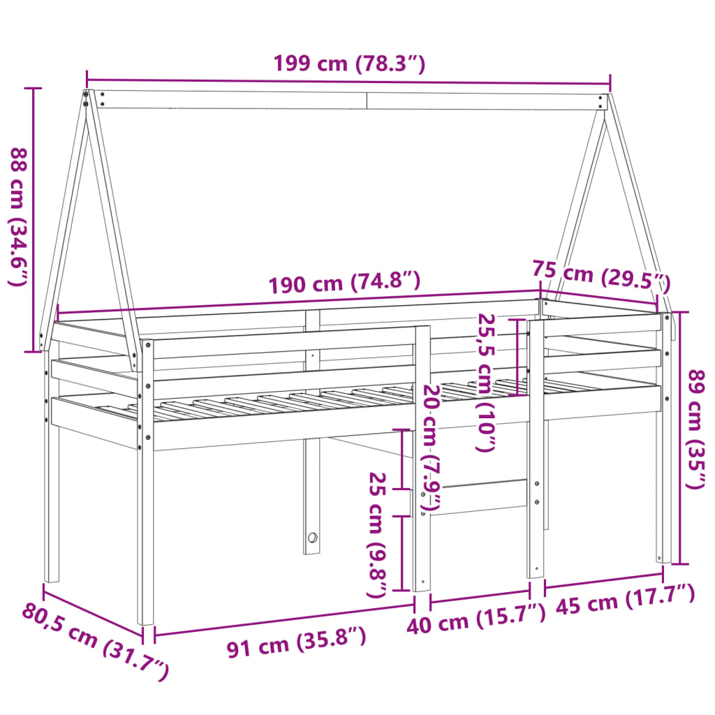 Hoogslaper met dak massief grenenhout wit 75x190 cm