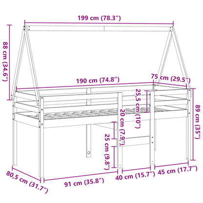 Hoogslaper met dak massief grenenhout wasbruin 75x190 cm