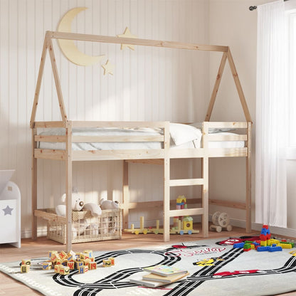 Halfhoogslaper met ladder en bedhuis grenenhout 90x190 cm