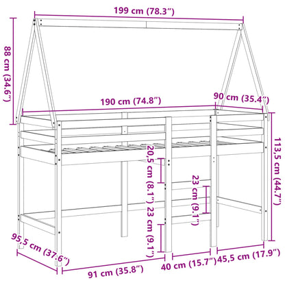 Halfhoogslaper met ladder en bedhuis grenenhout wit 90x190 cm