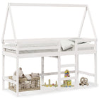 Mid-sleeper with ladder and bedhouse, white pine, 90x190 cm