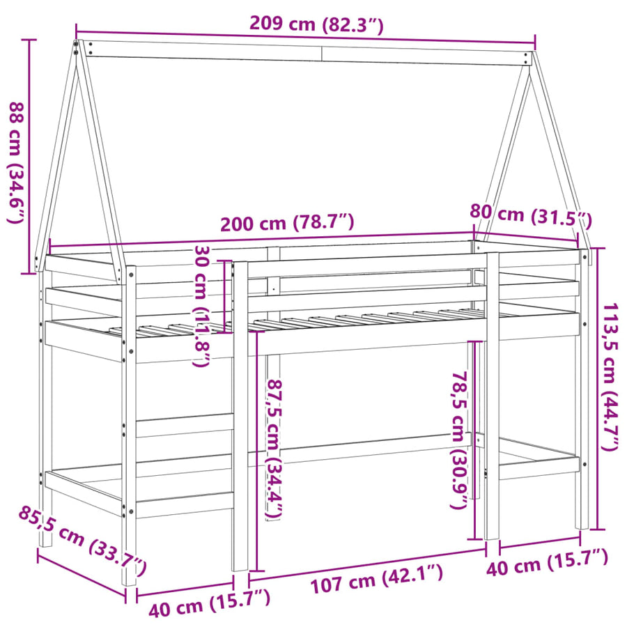 Halfhoogslaper Met Ladder En Bedhuis Grenenhout 80 x 200 cm Naturel