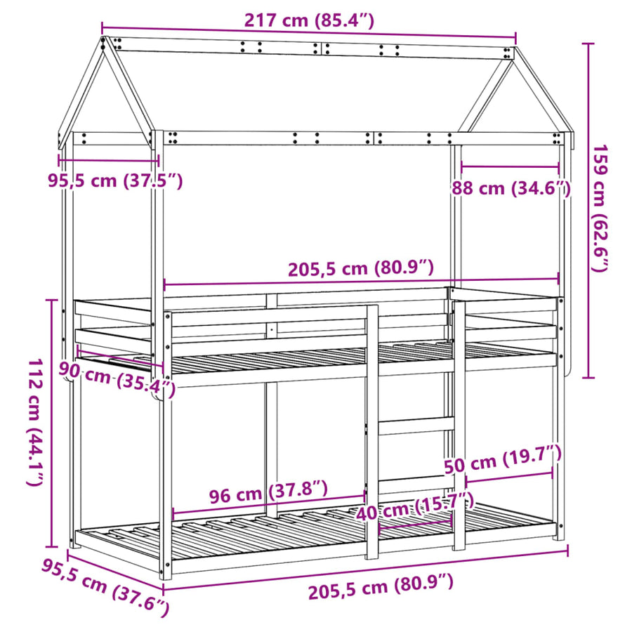 Kinderbedhuis massief grenenhout 90x200 cm