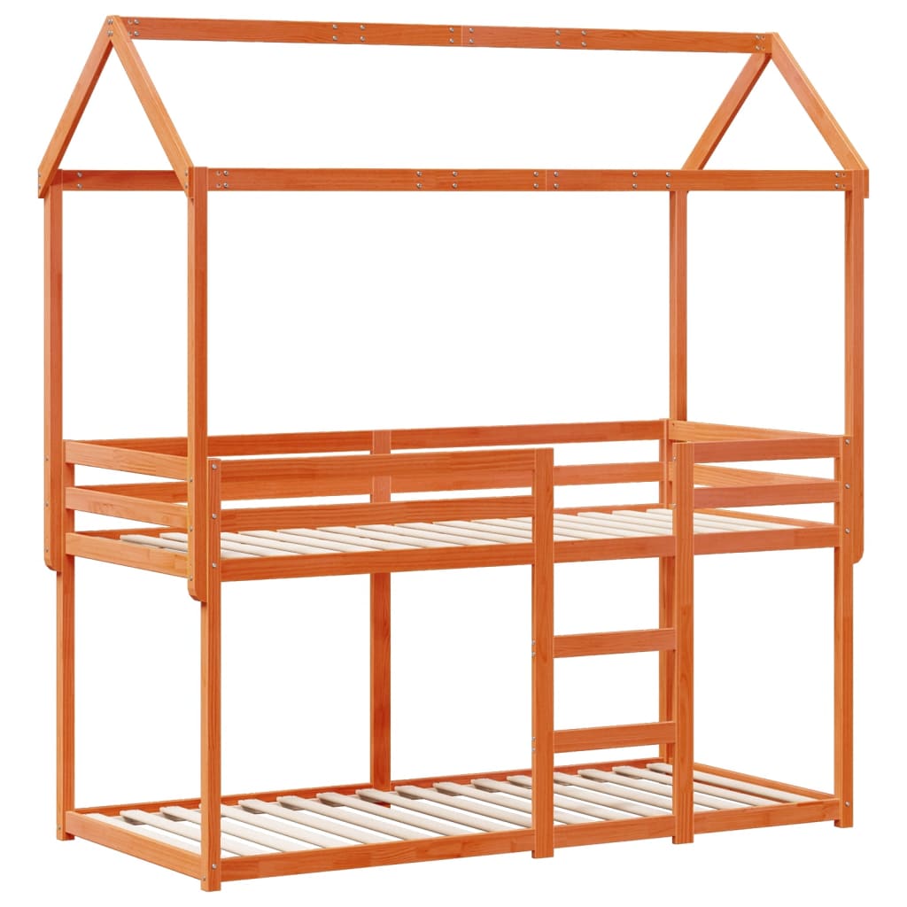 Stapelbed met bedhuis massief grenenhout wasbruin 90x200 cm