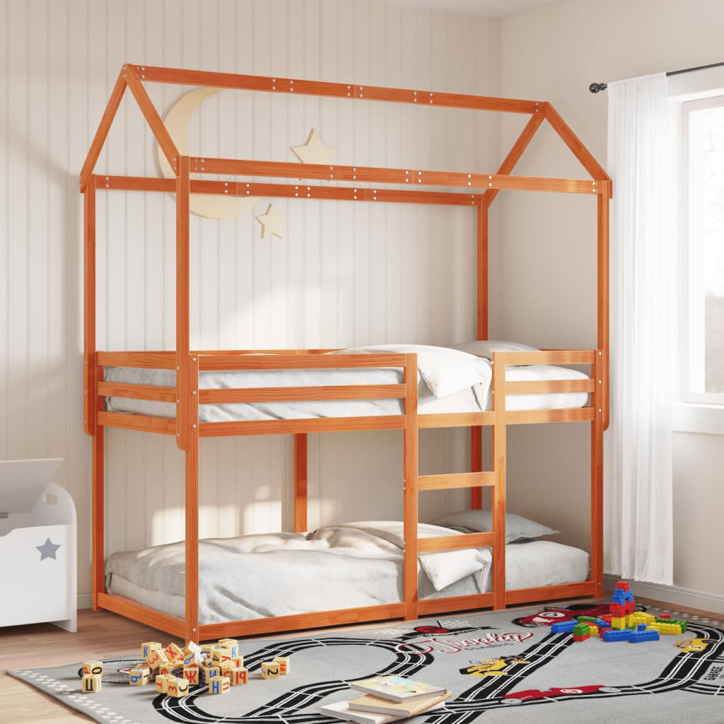 Stapelbed met bedhuis massief grenenhout wasbruin 90x200 cm